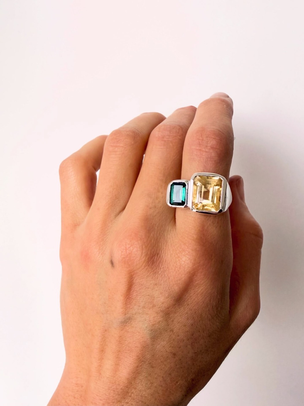 A finished commission: tourmaline and citrine Duet Ring, worn